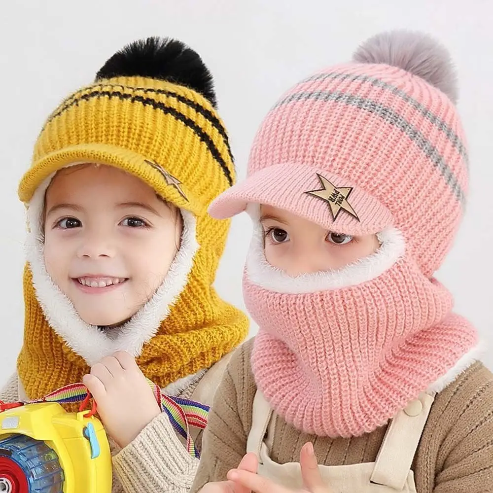 

Girls Boys Windproof Headwear Face Guard Fleece Lining With Scarf Children Winter Hats Knitting Hat Caps Baby Bonnet