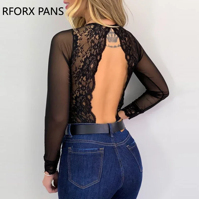 Women V-Neck Soild Lace Backless Long Sleeve Bodysuit Blouse Womens Tops and Blouses