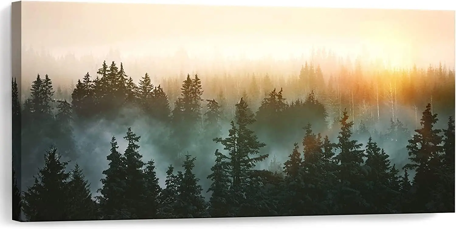 58x29 Inch Ready To Hang Framed Sunlit Forest Plant Canvas Wall Art Modern Nature Landscape Print Paintings For Living Room Bedroom Bathroom Indoor Home Gallery Decor