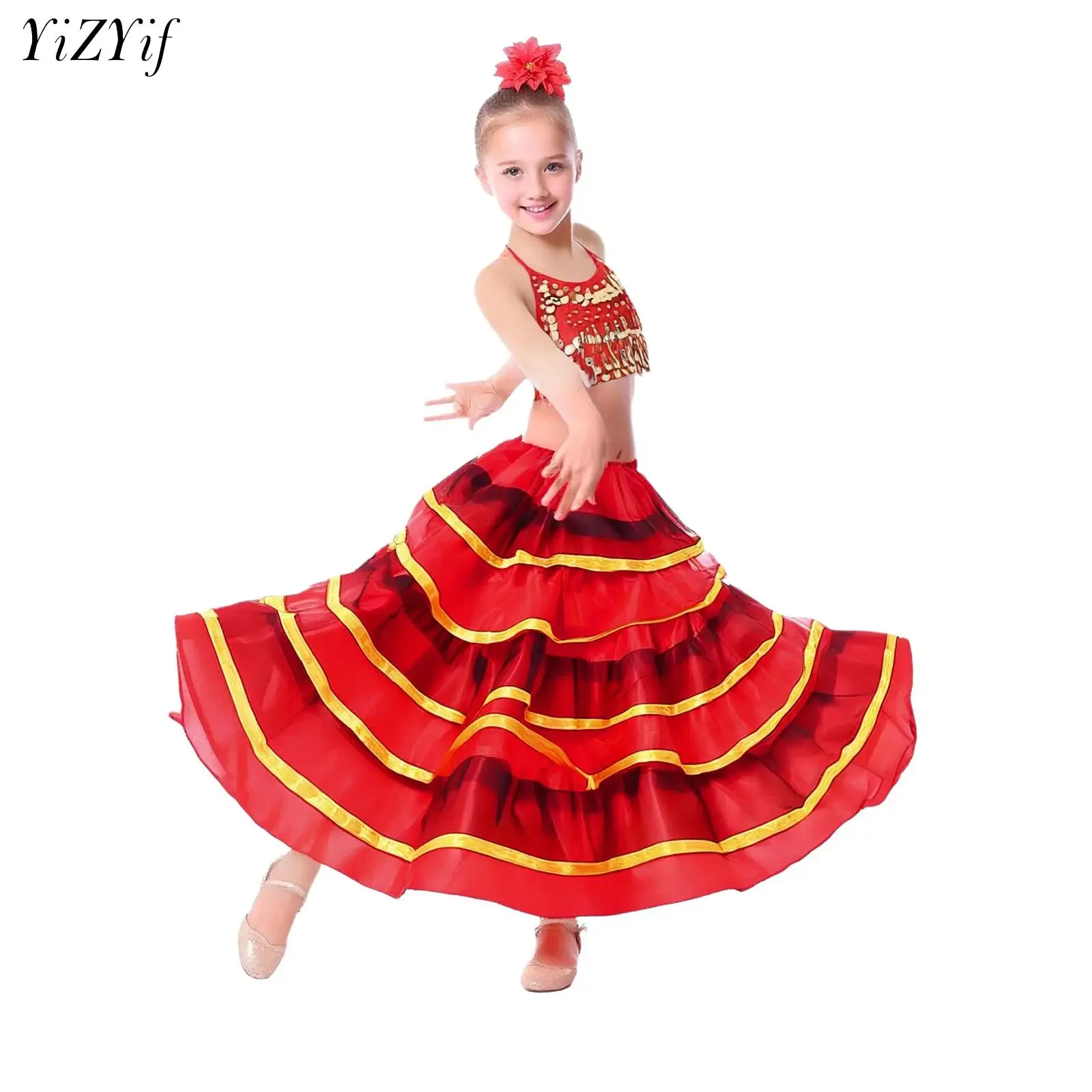 Dziecięca spódnica do flamenco dla dziewczynek, warstwowa, z falbanami, satynowa, długa spódnica maxi, strój do tańca towarzyskiego, kostium do występów cygańskich i korridy.