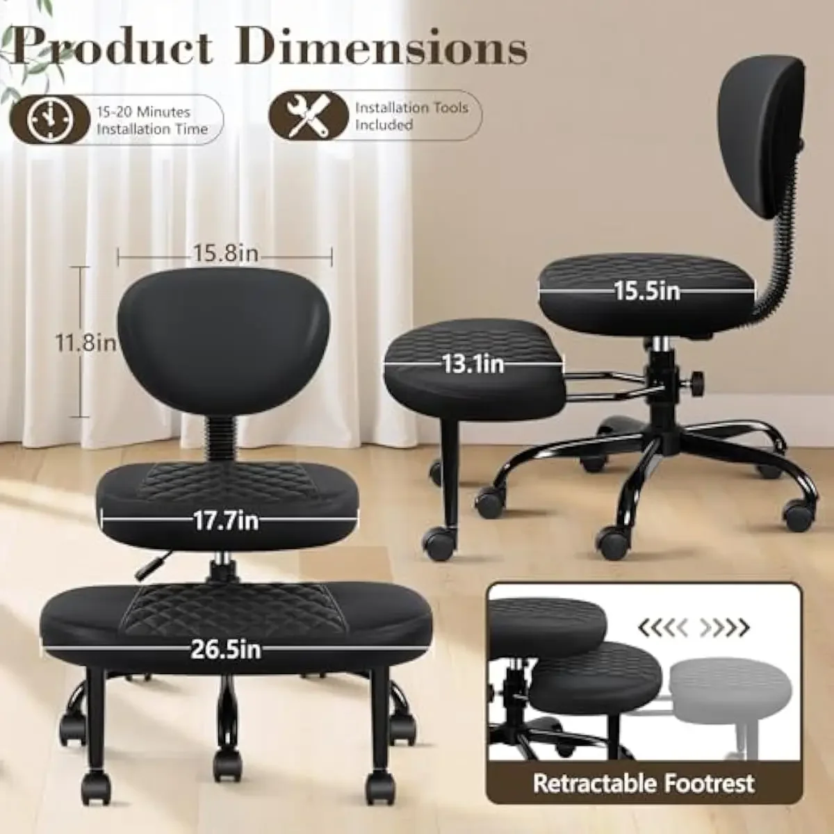 Cross-legged ergonomic chair with 360° rotating footrest, faux leather seat, steel base, FSC-certified wood frame, lumbar suppor