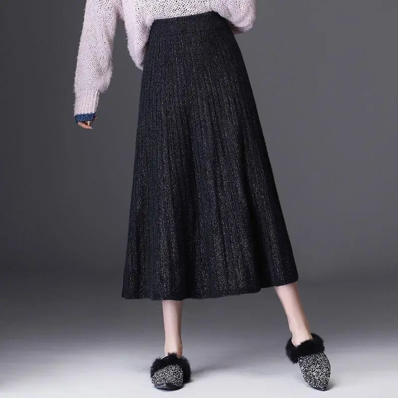 Women High Waist Knit Midi Skirt Pleated A Line Swing Long Skirt Elegant Loose Casual Bot