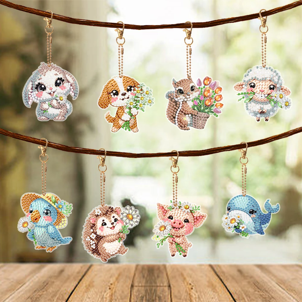 8 قطع مزدوجة الجوانب الربيع زهرة الحيوان الماس الفن كيرينغ الماس اللوحة الفن المفاتيح قلادة للمبتدئين البالغين #6