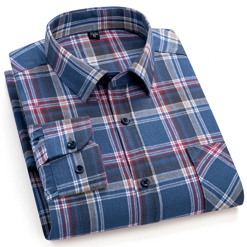 High Quality 100% Cotton Shirts For Men Long Sleeve Brushed Plaid Soft Slim Fit Multicolor Trip Stylish Retro Checked Blouse 6XL
