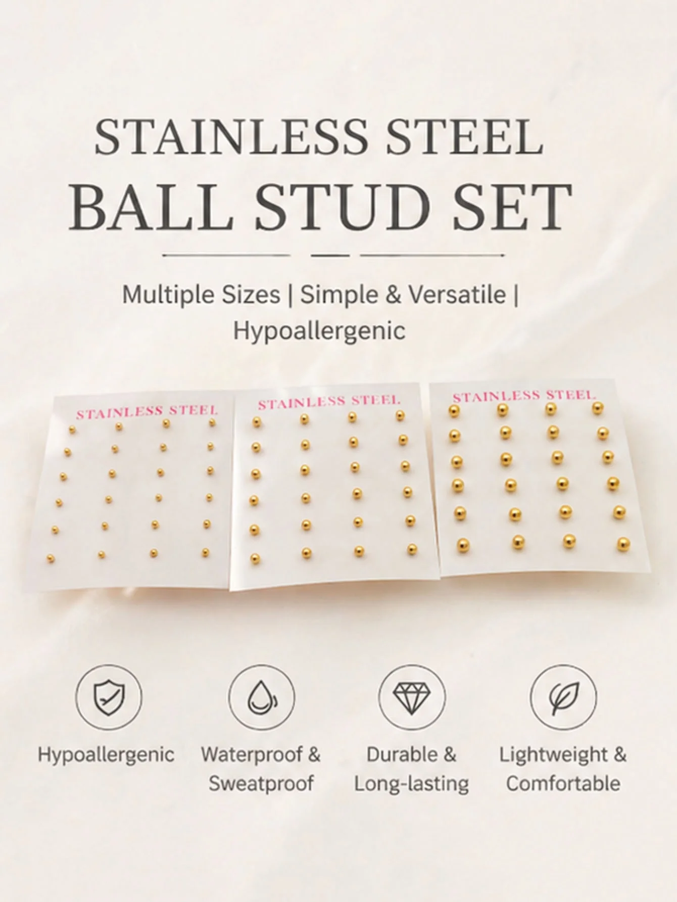 Stainless Steel Gold Color Ball Stud Earrings, Multi-Size Tiny Round Bead Earrings, Hypoallergenic Minimalist Jewelry for Daily