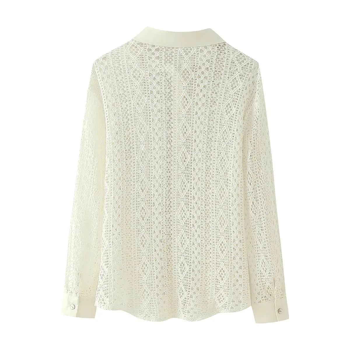 Hollow Out Blouse Crochet Lace Shirt Beige Color Women Summer Clothing Vacation Top Wear