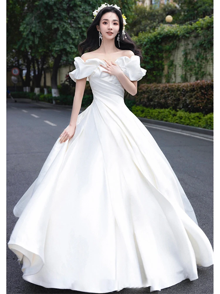 

Ele Light Wedding Dr One oulder Sve Covering Satin Fabric Simple Sle mid Waist A-Line Skirt for Hotel Indoor