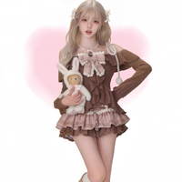 Winter Sweet Lolita New Two Piece Set Women Long Sleeve Bow Tops+plaid Cake Mini Skirt Female Korean Designer Kawaii Set