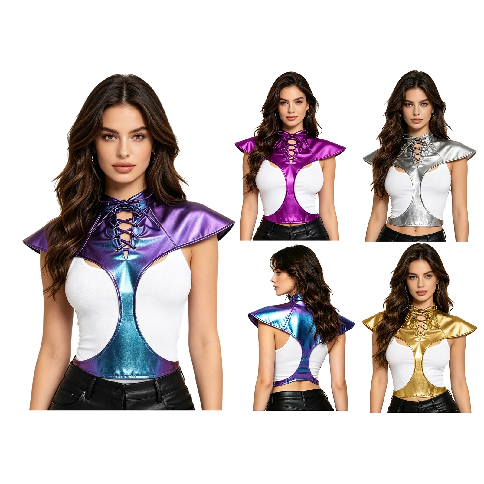

Womens Shiny Metallic Medieval Armor Shrug Top Gothic Steampunk Holographic Mock Neck Front Lace-up Shoulder Armor Crop Tops