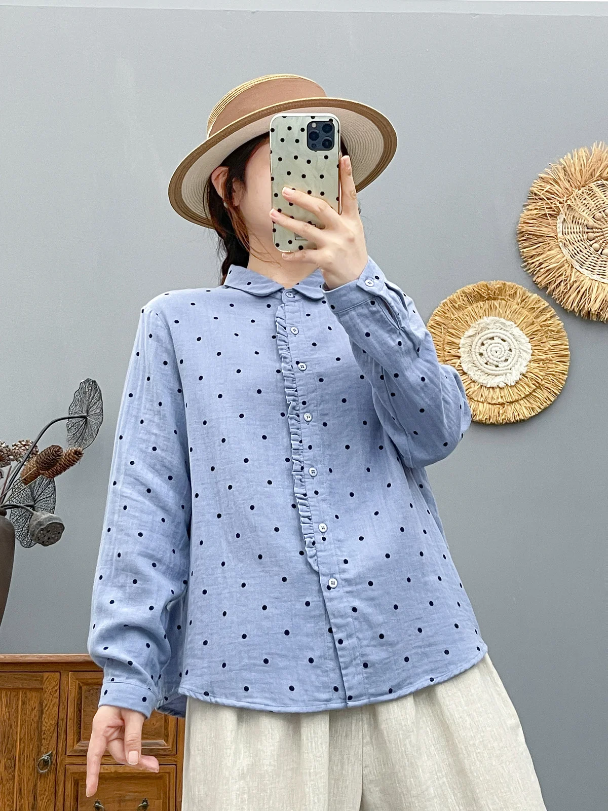 قميص نسائي عتيق باللون الأخضر منقط للخريف والربيع من غزل القطن باللون الأبيض والأحمر والأخضر والوردي بلوزات بأكمام طويلة للسيدات #2