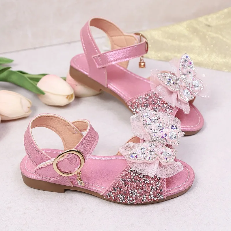 Kids Princess Sandals Sweet Lace Bows Girls Sandals Shiny Sequins 2026 Summer New Children Beach Shoes Soft Bottom Casual