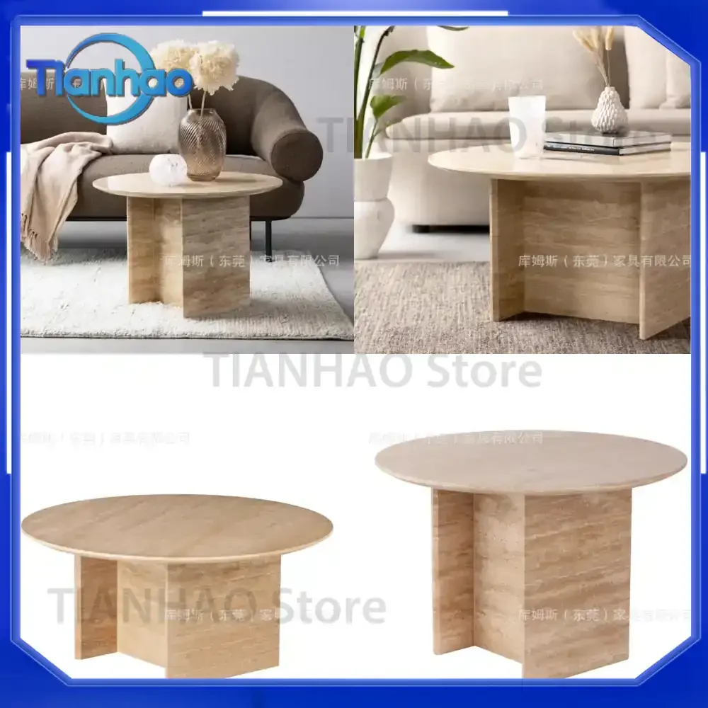 Round Travertine Coffee Table for Living Room Minimalist Creative Design Side Table for Small Spaces Luxury Style Sofa Table