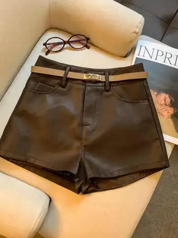 Korean Fashion Women Black Leather Sexy Club Mini Shorts Autumn Winter Brown Elegant High Waist Versatile Short Pant Streetwear 