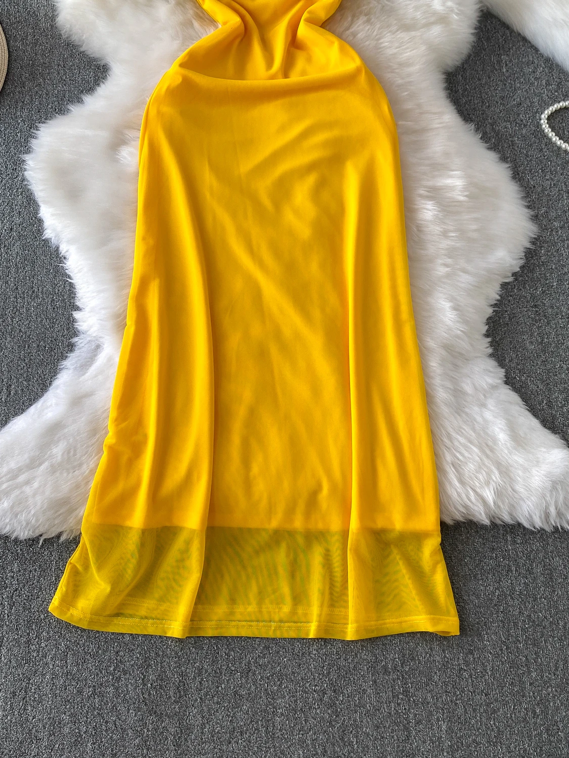 فستان أنيق بعقدة على الكتف الواحد للنساء، فستان صيفي أبيض وأصفر من الشبكة، خصر نحيل، فستان طويل على شكل A، ستايل كوري، خصر مر... #3