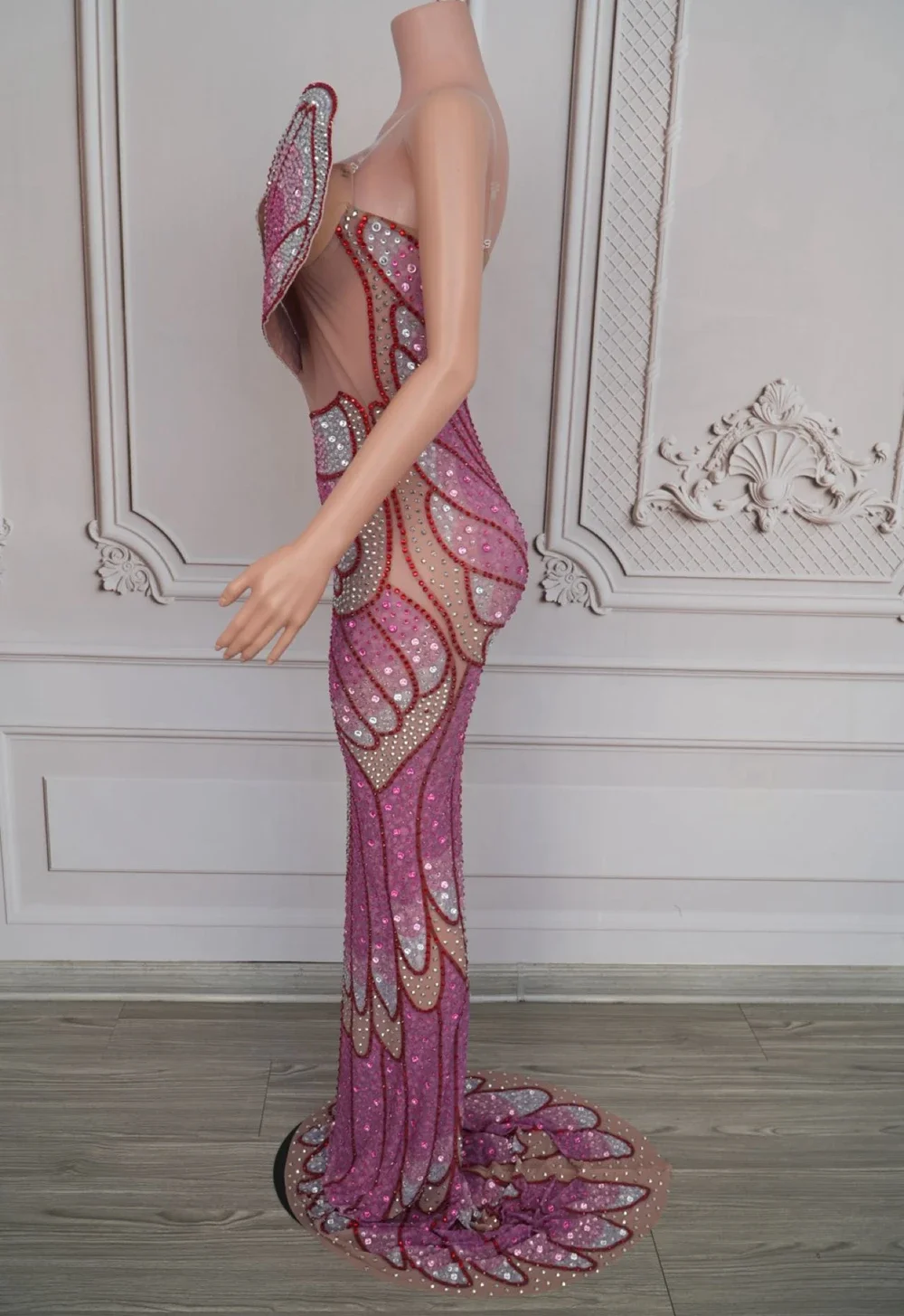 Birthday Dress Rhinestones Long Pink butterfly  outfit Transparent Celebrate Evening Prom Photo Shoot Wear