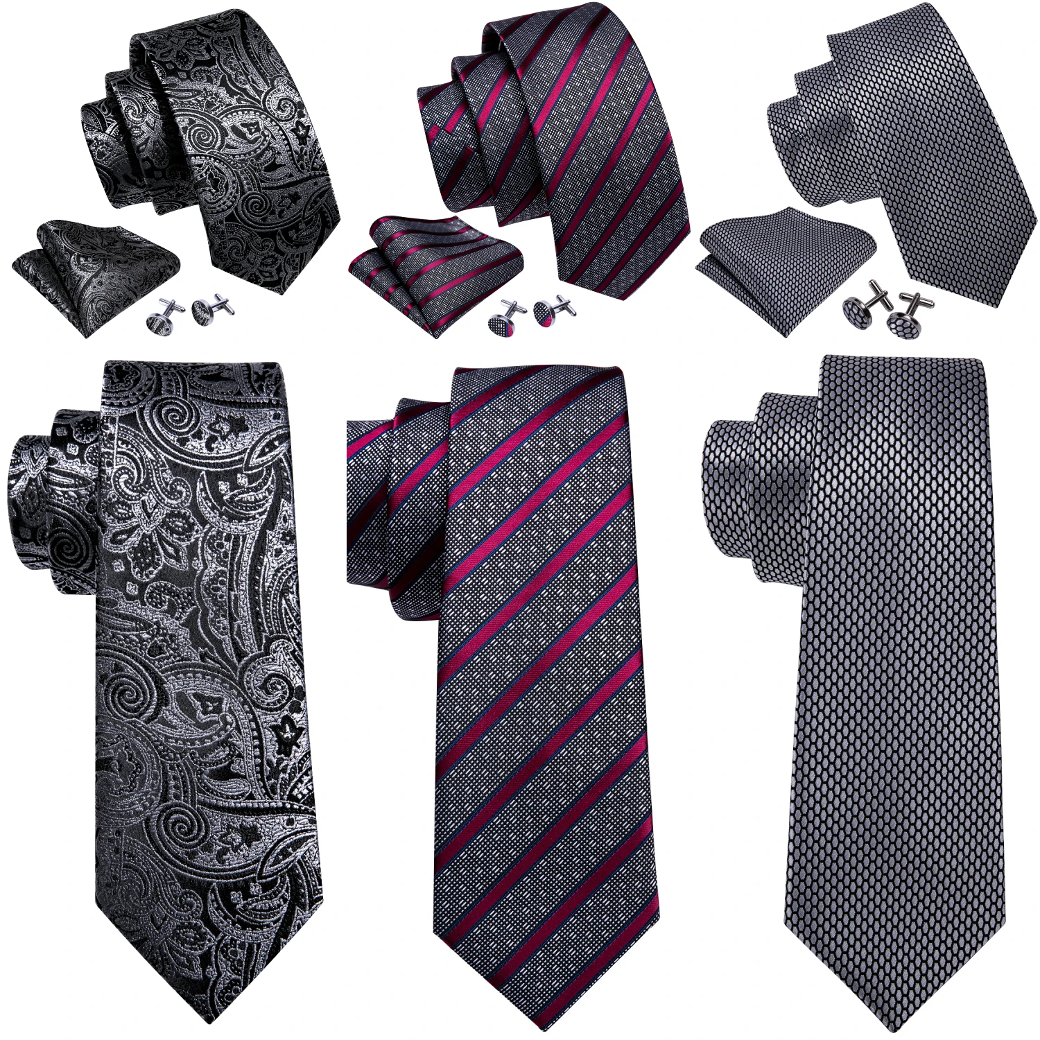 Barry.Wang Jacquard Grey Men's Tie With Pocket Square Cufflinks Set Exquisiet Necktie For Male Wedding Business