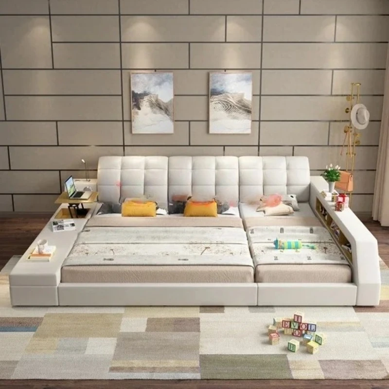 Smart Bed With Bluetooth Audio And Lamp Genuine Leather Parent-child Multifunctional Upholstered Tatami Bed Ultimate Cam