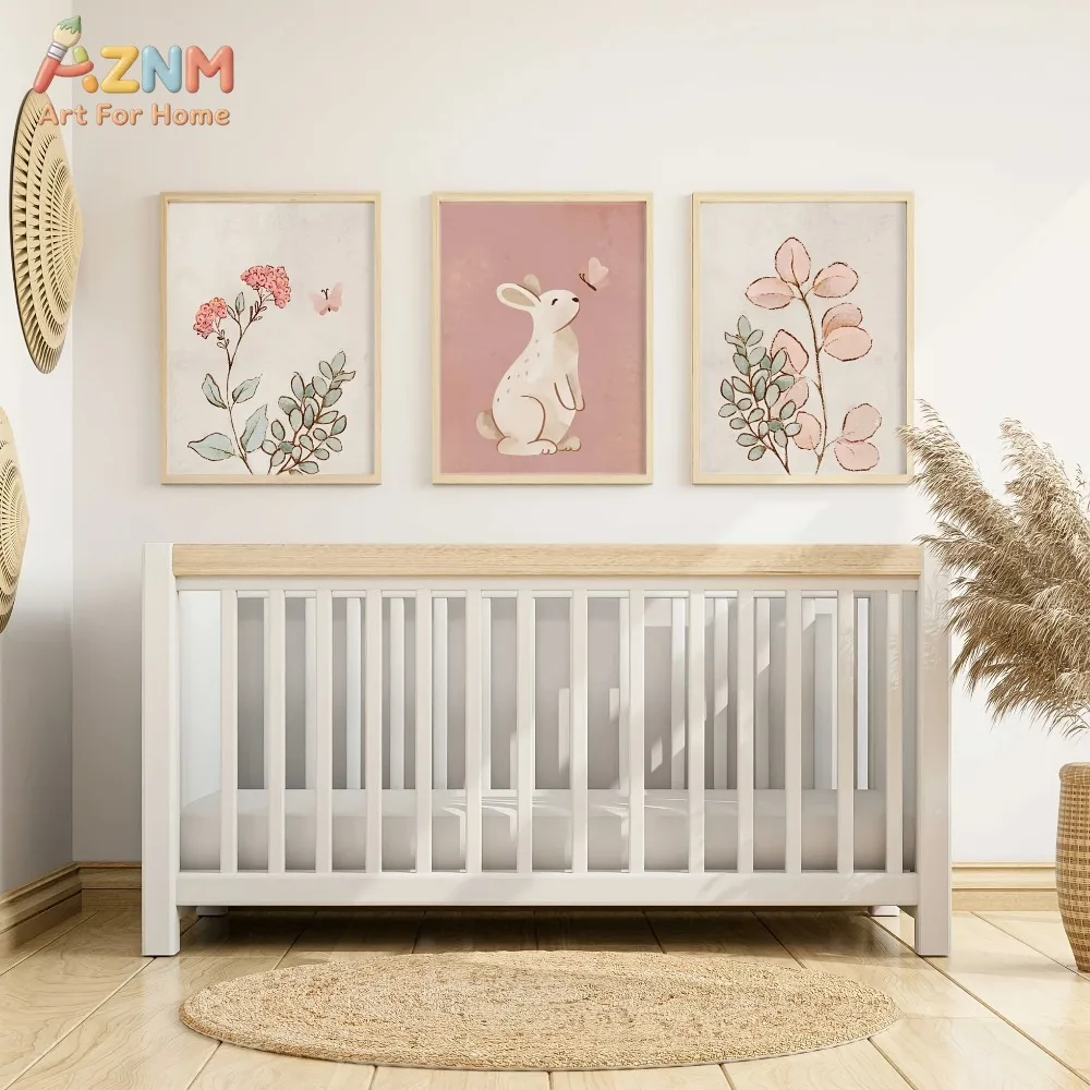 3PCS Watercolor Cute Bunny and Floral Canvas Wall Art Prints Set, Soft Pink Green Eucalyptus and Butterfly Nursery Decor Posters