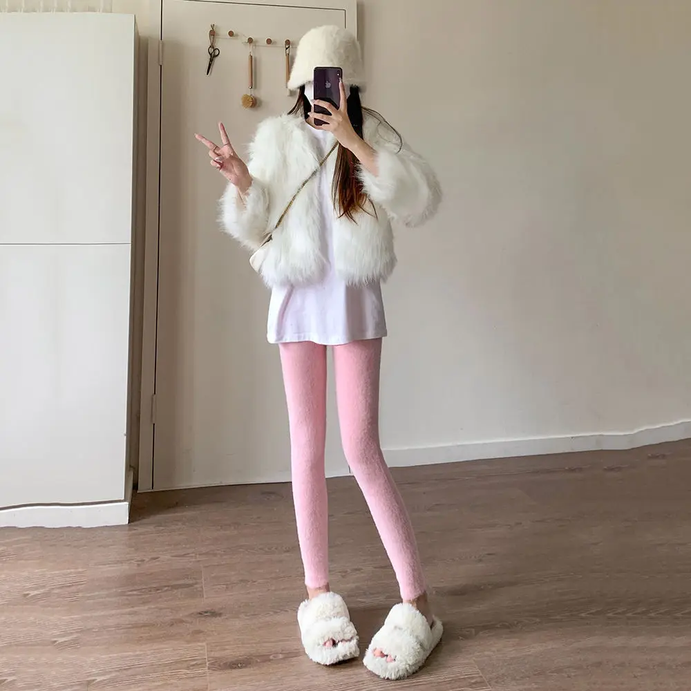 High Waist Thiened Knitted Pure Color Mink ark Outerwear Tight Pants Yoga Base Layer Pants Autumn Winter New Sle