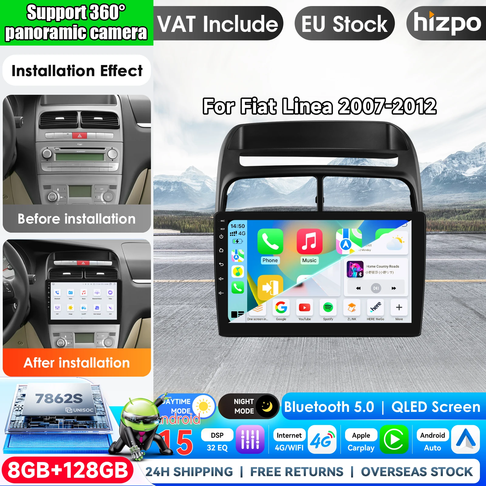 Hizpo 9-Zoll-Autoradio für Fiat Grande Punto Linea 2007-2012, Android-Autoradio-Multimedia-Player, GPS, Carplay, Autoradio, Stereo, Video, Audio, Headunit, Touchdisplay, Airplay, Autoradio-Player,