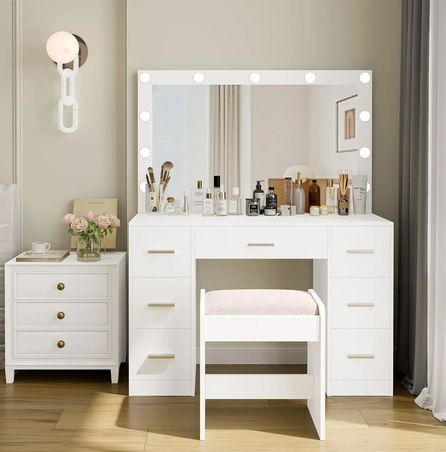 Vanity Table, Makeup Table with Lighted Mirror, 3 Color Lighting Modes, Brightness Adjustable, Dressing Table with Drawers