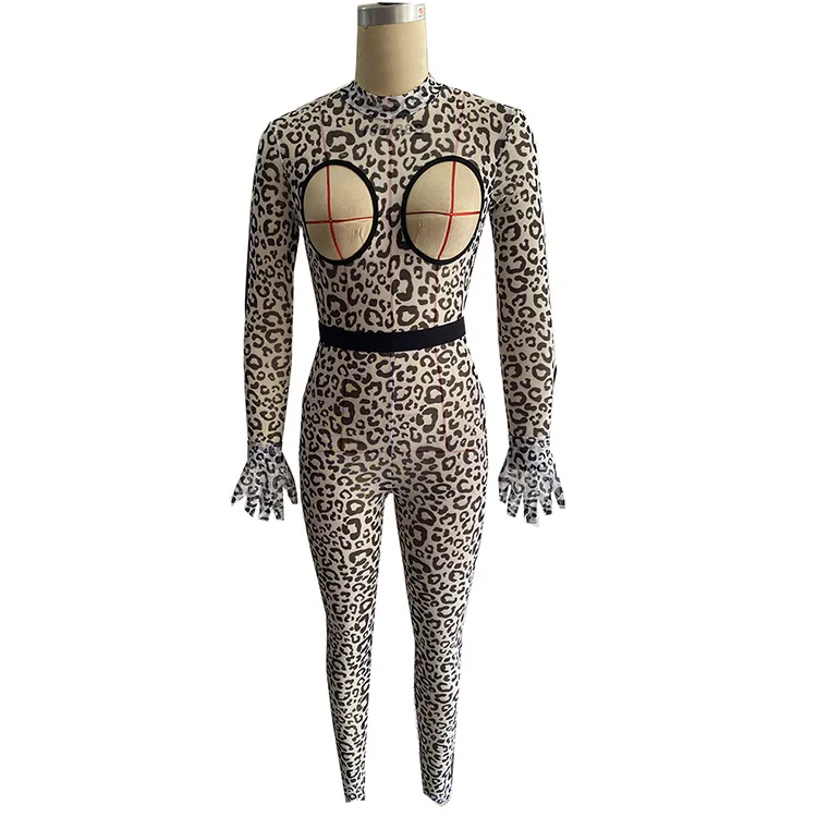 

New Leopard Print Mesh Jumpsuit Cosplay Costume Long Sleeve Hollow out Bodysuit with Gloves One Piece Lingerie Roleplay