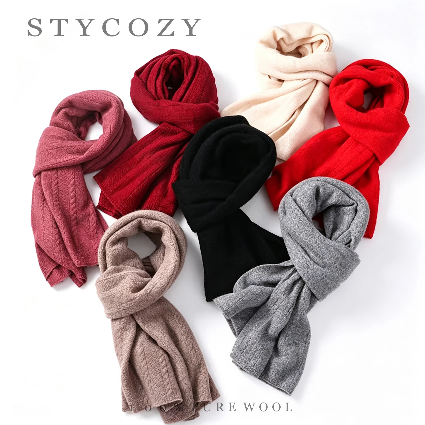 Women 100% Wool Cable Knit Scarf Long Size & Solid Minimalist Neck Wrap Couple's Winter Warm Soft Chunky Multifunctional Shawl