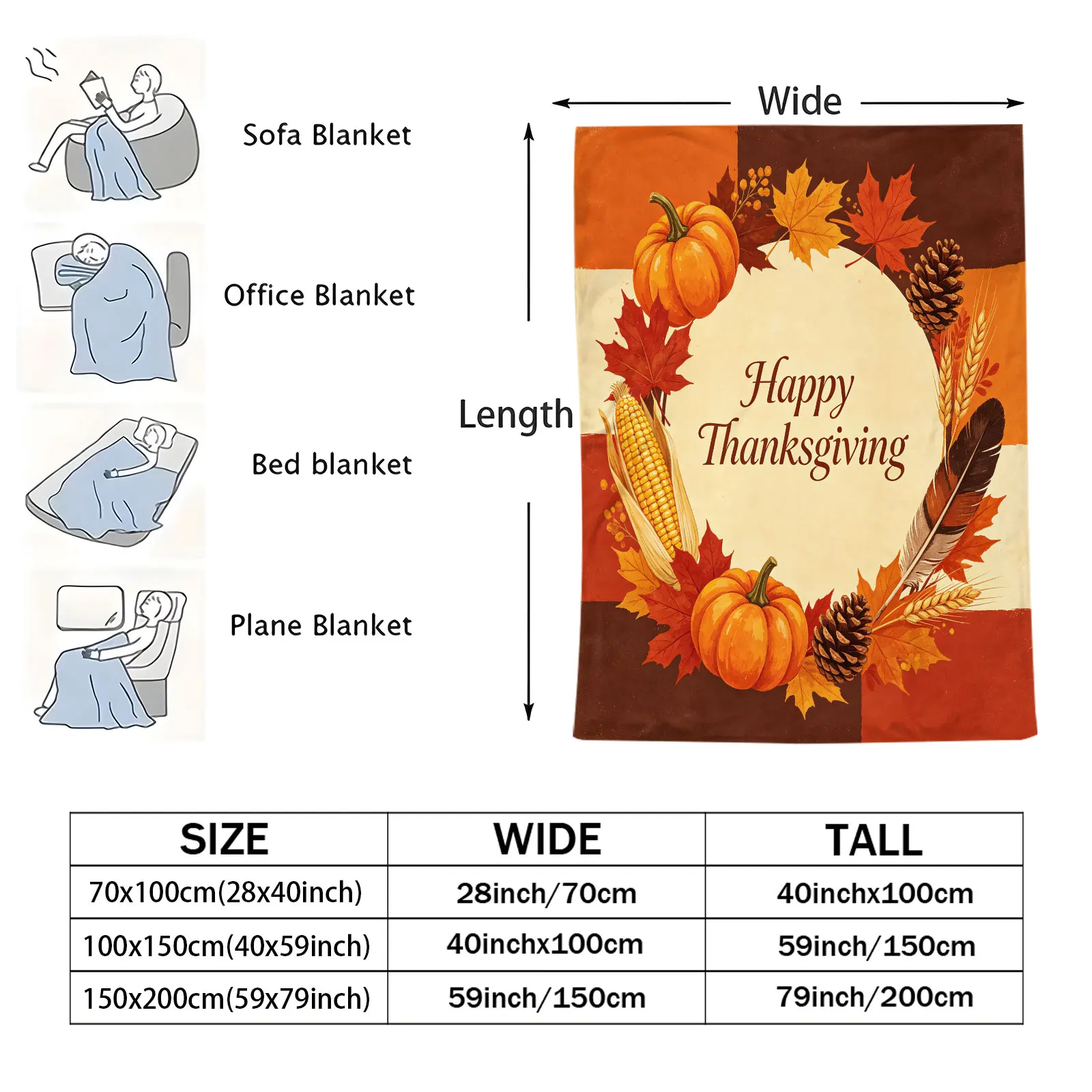 Happy Thanksgiving Flannel Throw Blanket,Autumn Pumpkin Maple Leaf Pine Cone Print Soft Microfiber Lightweight Bed Sofa Travel
