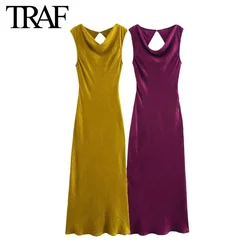 TRAF Women Fashion Summer New Solid Backless Fold Satin Texture Sleeveless V-neck Long Dress French Chic Female Evening Clothing