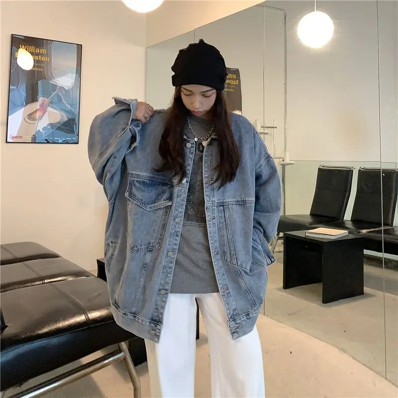 

Women's Denim Jackets Short Coats Retro Harajuku Streetwear Oversized Casual Loose Ladies Outwear Turn Down Ladies Denim Tops