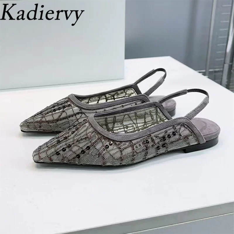 

New Flat Shoes Women Pointed Toe Slingbacks Suede Mesh Patchwork Walk Shoes Woman Sequin String Bead Summer Sandals Woman