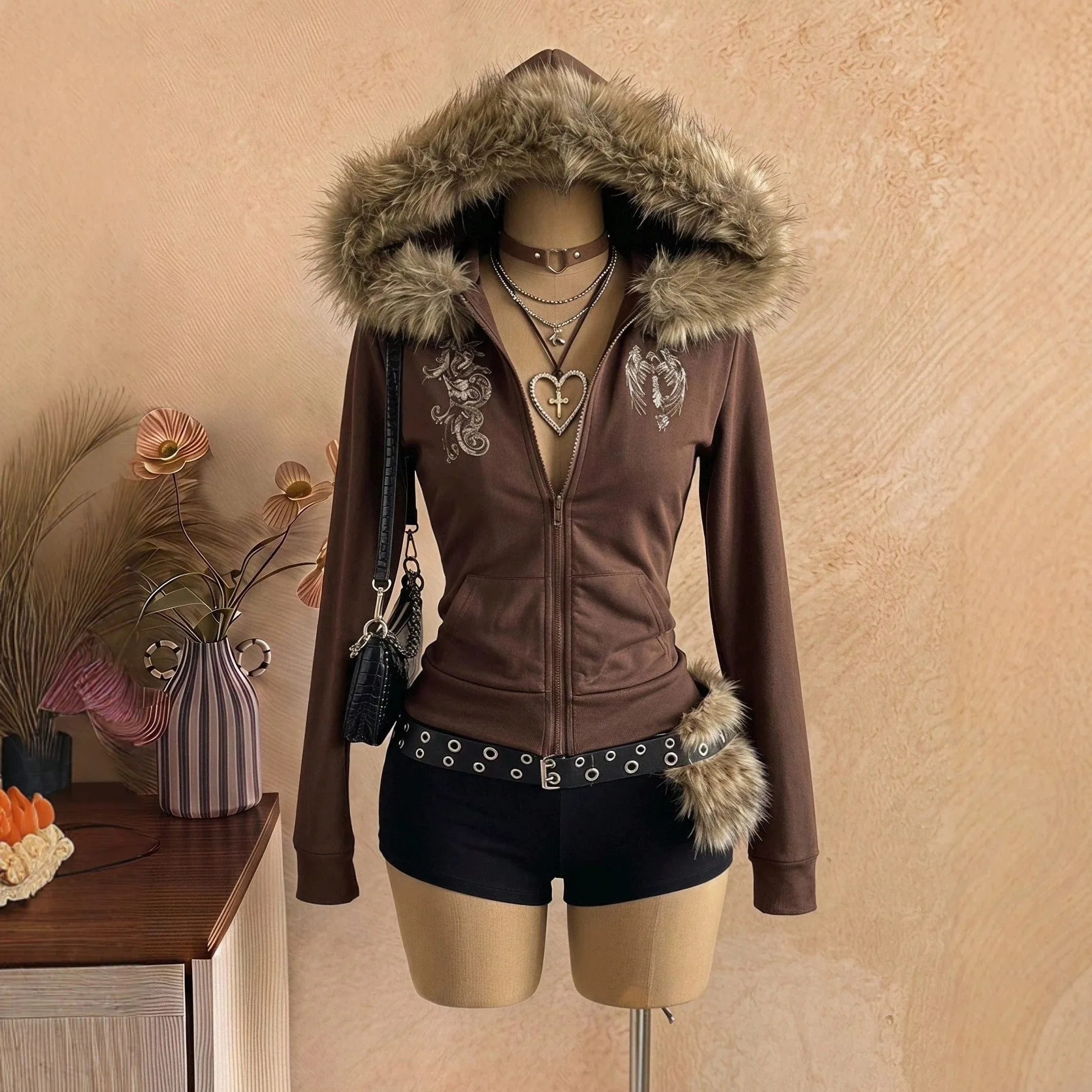 Millennial   Y2k Oversized Cardigan. With A Large Fur Necklace Featuring Type Embroidery A Brown. Color. A Smart Fit, And A Tren