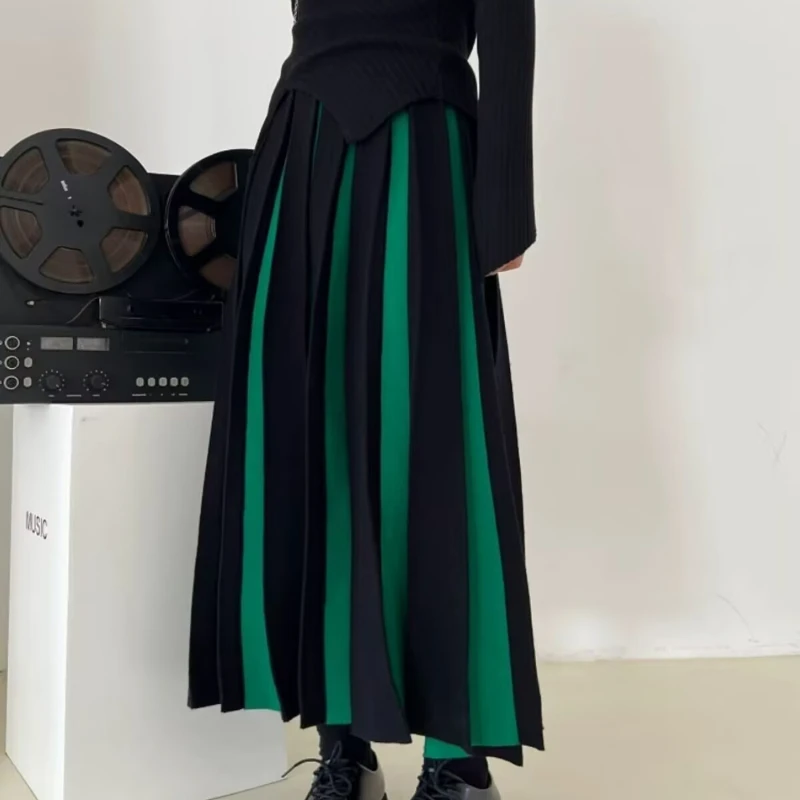 Autumn Winter Knitted Skirt Female High-waisted Green Thick Pleated Skirts Woman Contrast Color Vintage Fashion Faldas