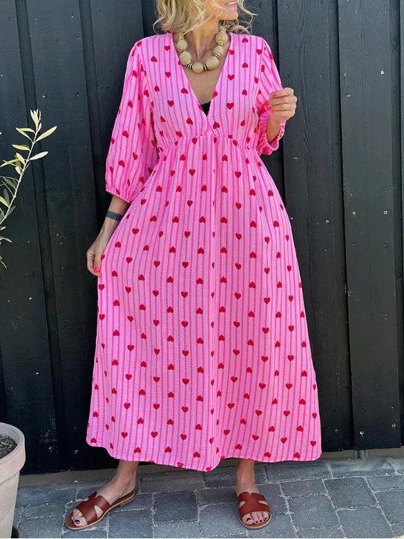 Vestido estampado de cintura alta para mujer, vestido de fiesta de manga de siete cuartos con cuello en V, vestido de fiesta de jardín sin espalda con cordones a la moda