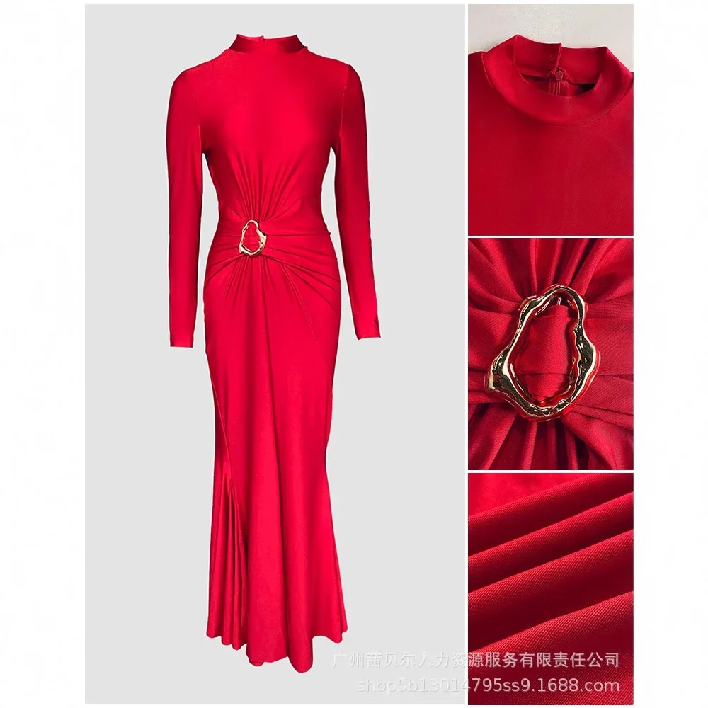 Women Spring Summer Bodycon New Stand Collar Tight Metal Buckle Mermaid Long Dress