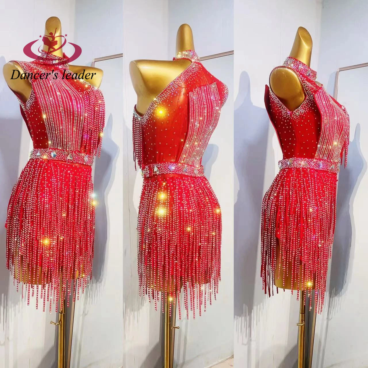 فستان الرقص اللاتيني للسيدات الراقية المخصص للغاية فستان أداء فني من حجر الراين من سامبا