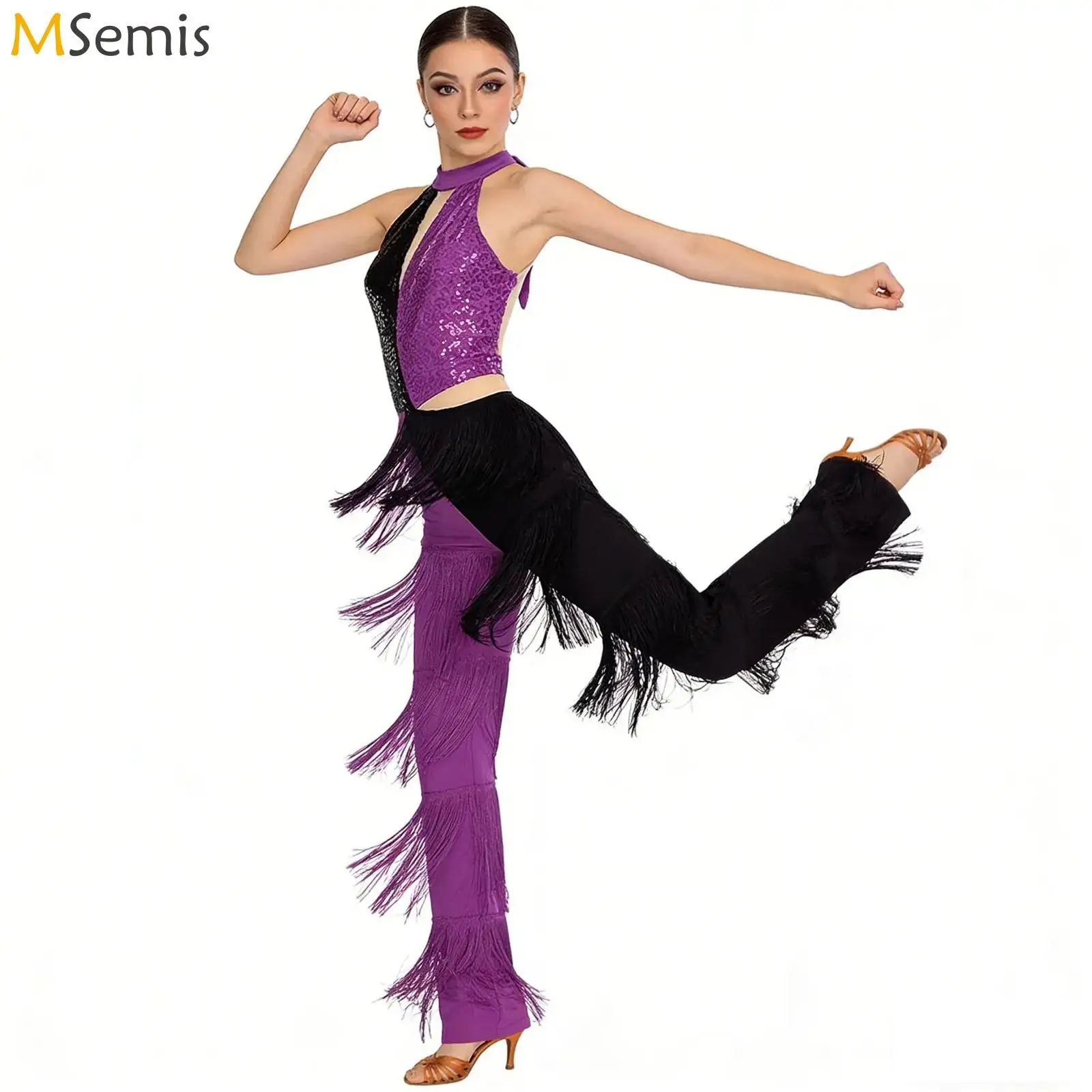 

Womens 70s Disco Dance Overalls Rompers Metallic Shiny Tiered Flared Long Pants Unitards Jumpsuit Jazz Club Classical Costume