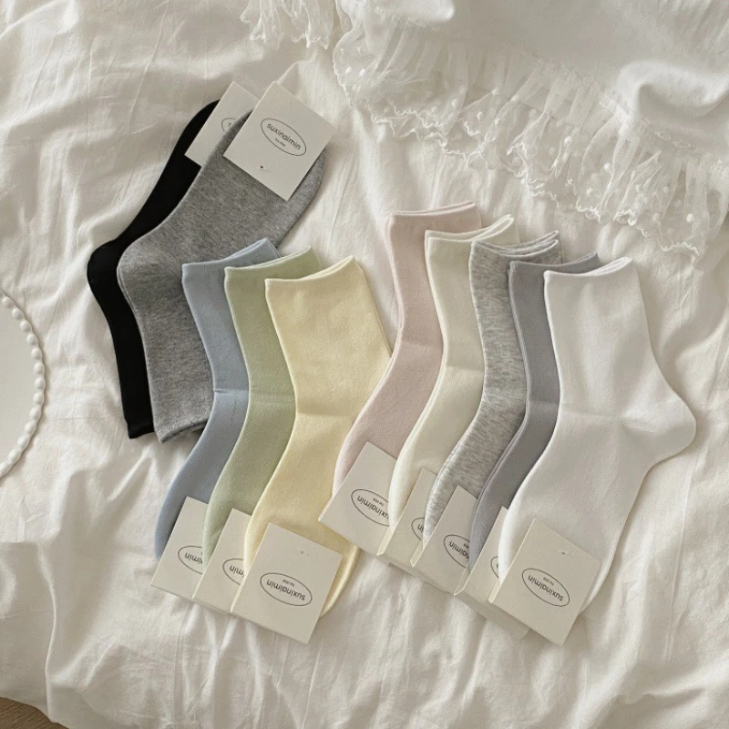 Solid Color Women Socks Spring Summer Cotton Thin Breathable Black White Gray Low Tube Socks Casual Streetwear Cotton Ankle Sock