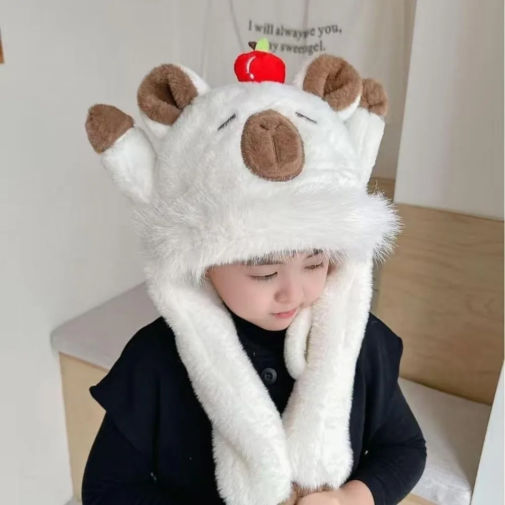 

Fashion Cute Capybara Warm Hat Windproof Cold Proof Ear Protection Cap with Movable Ears Hooded Hat Scarf Children