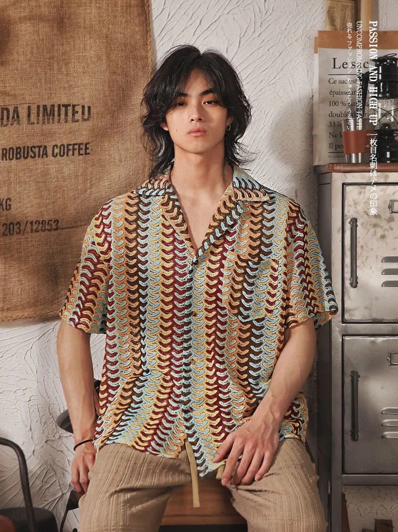 Retro Japanese Style Men's Shirt Summer Cotton Short Sleeve Embroidered Floral Half Sleeve Wave Design Casual Loose Fit