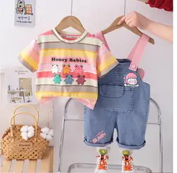 Girls' striped long-sleeved T-shirt and overalls