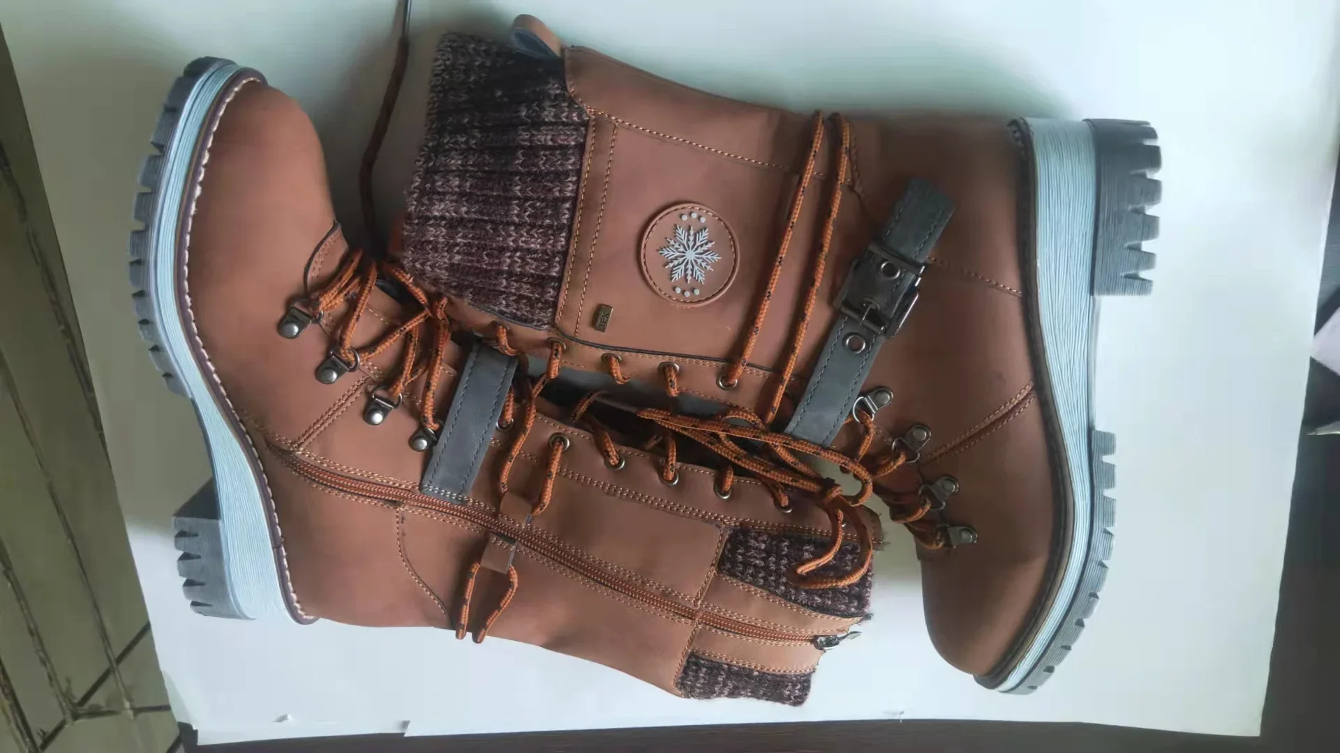 Platform Shoes 2024 Winter Buckle Lace Up Knitted Mid-calf Boots Low Heel Round Toe Warm Boots Plus Size 36-43 Botas De Mujer