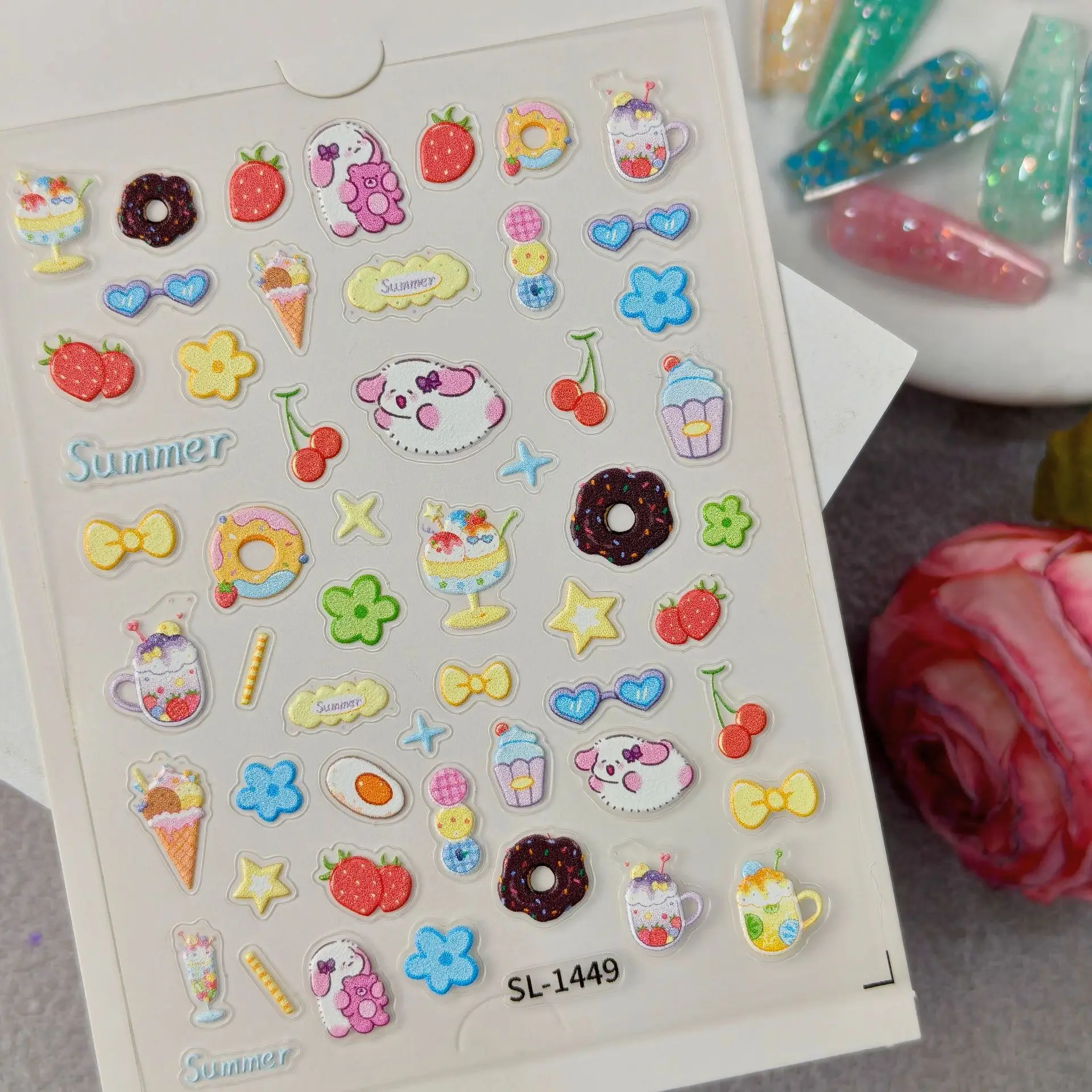 1 Sets 5D Embossed Sweet Cherry Pudding Nail Stickers Donut Bow Self-Adhesive DIY Manicure Nail Decor Ornaments