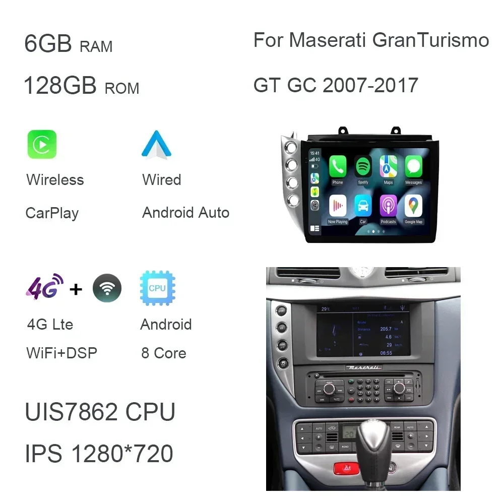 IPS 1280*720 Carplay 10.4" Android 13.0 6GB+128GB Car DVD Player GPS WIFI Radio For Maserati GranTurismo GT GC 2007- 2017 image 3