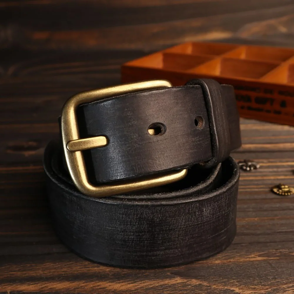 Hand-Sewn Thread Italian Cowhide Genuine Leather Belt Brass Buckle for Men Daily Wear 3.8CM Width