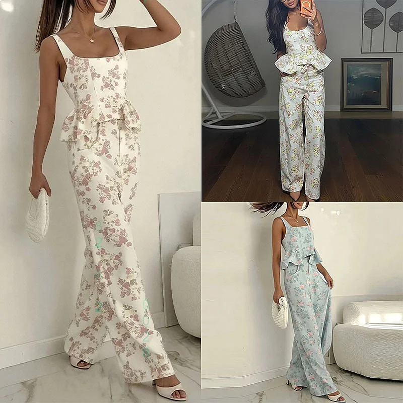 Spring Summer Printed Ruffle Casual Matching Set Jumpsuit Playsuit Blouse Top