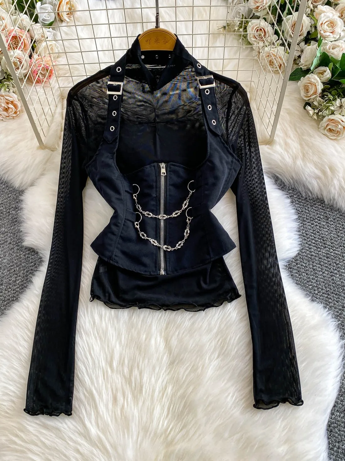 

Foamlina Women 2 Pieces Set Sexy Turtleneck Long Sleeve See Through Mesh T Shirt and Halter Chain Zipper Up Crop Camisole Top