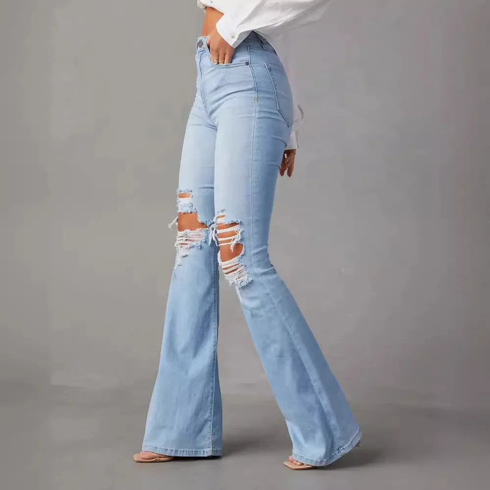 2024 Spring/Summer New Amazon European And American Washed Hole High Waist Style Denim Wide Leg Long Pants For Women