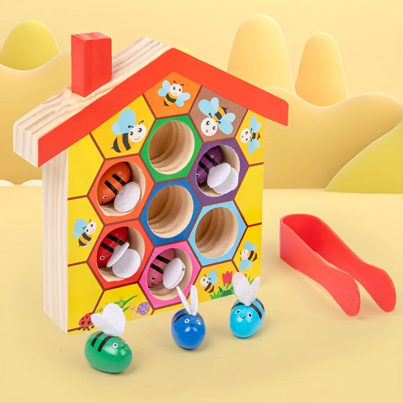 

Montessori Wooden Bee House, Clamp Bee to Hive Matching Game, Early Educational Puzzle for Kids Classifying Colors & Shapes