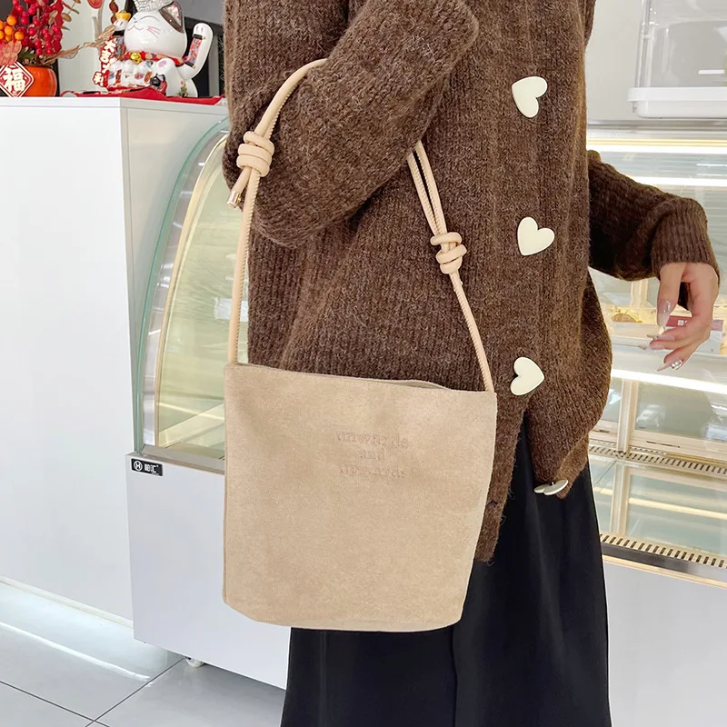 Women Suede Bucket Tote Bag Knot Handle Vertical Crossbody Shoulder Purse Designer Chic Vintage Korean Style Commute Handbag